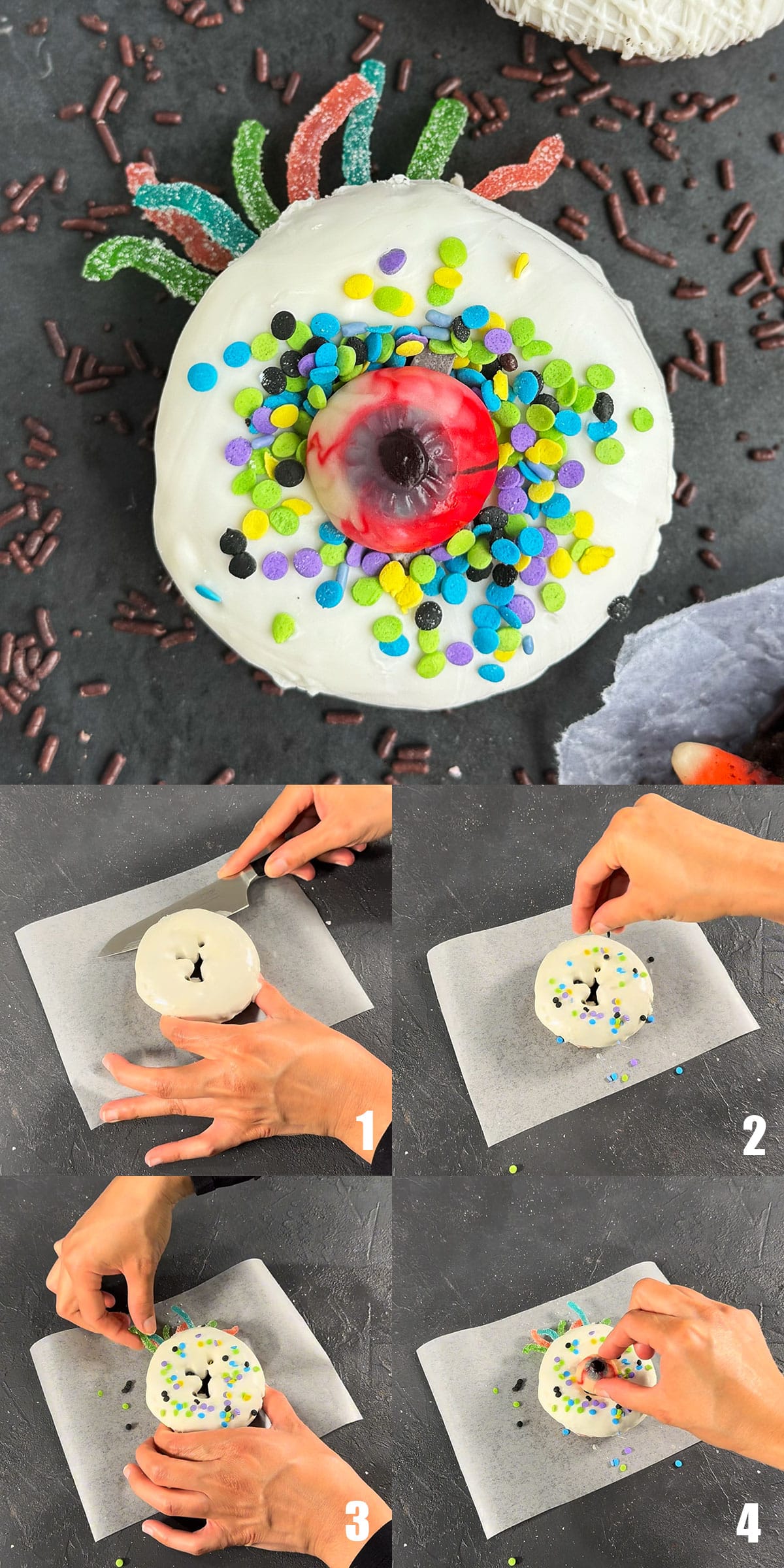 Collage image with step by step process shots on how to make monster donuts. 