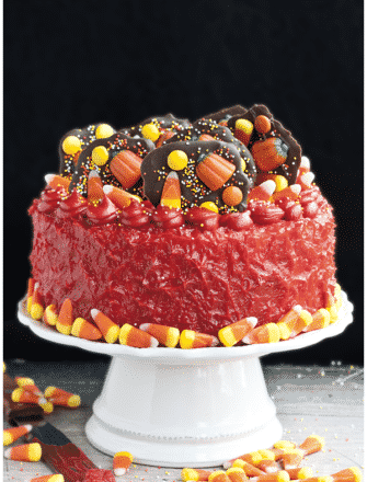 Easy Halloween Candy Cake on White Cake Stand