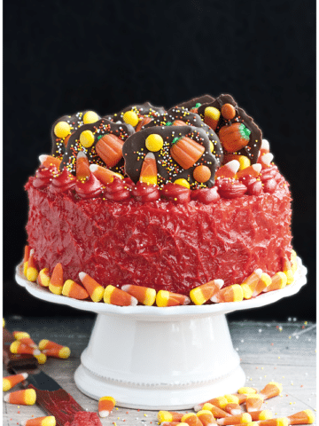 Easy Halloween Candy Cake on White Cake Stand