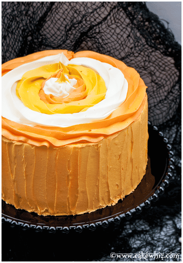 Easy Candy Corn Cake on Black Cake Stand