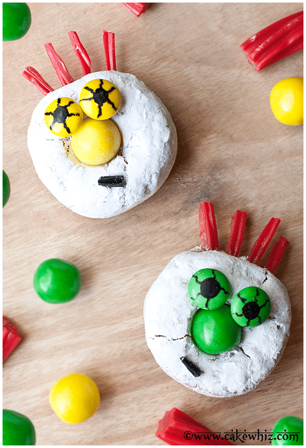 Easy Halloween Donuts (Monster) on Wood Background