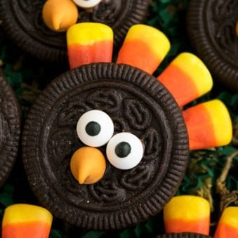 Easy Thanksgiving Oreo Turkey Cookies With Candy Corn- Closeup Shot.