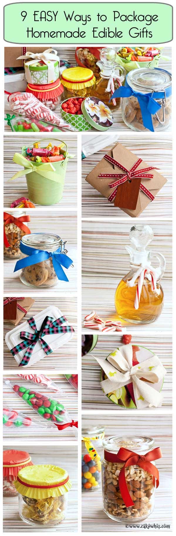 Collage Image Showing 9 Easy Ways to Package Edible Gifts (Cookies, Fudge, Candies)
