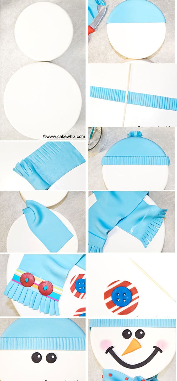 Collage Image With Step by Step Pictures on How to Make Snowman Cake