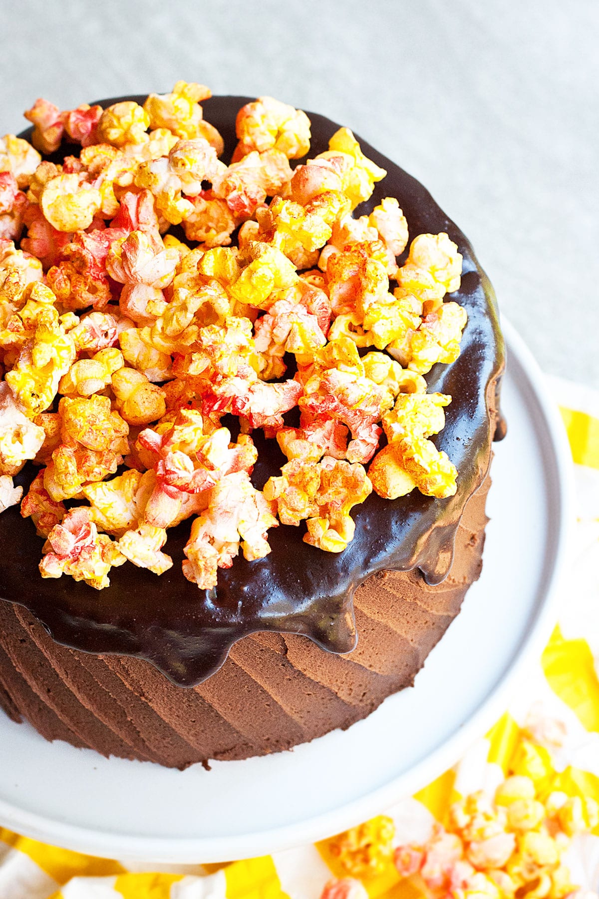 Closeup shot of colored spicy popcorn. 