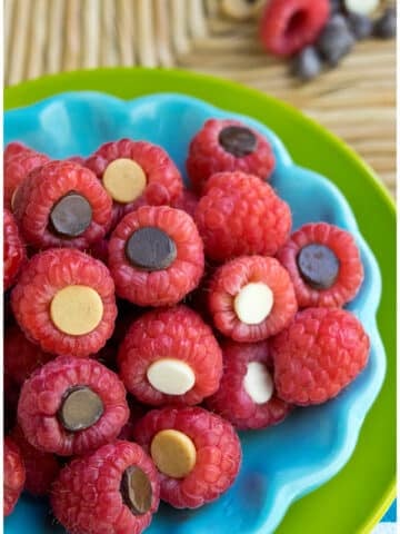 Healthy Easy Chocolate Covered Raspberries in Blue Dish.