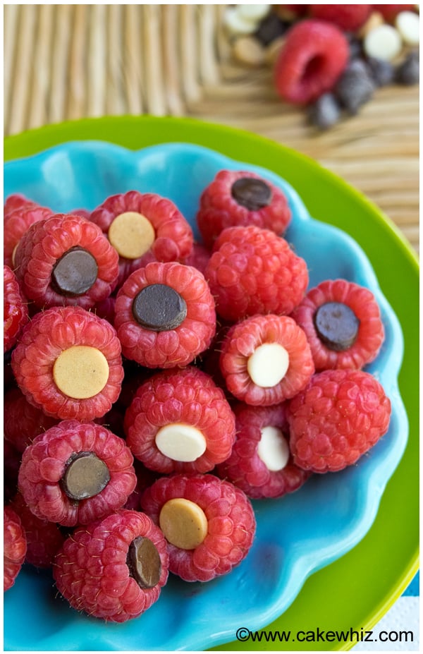 Healthy Easy Chocolate Covered Raspberries in Blue Dish. 