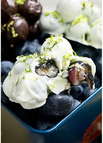 White Chocolate Covered Blueberries in Blue Tin.