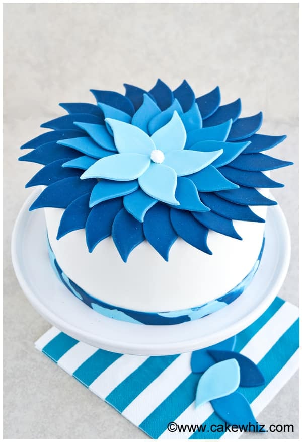 Easy Blue Ombre Cake on White Cake Stand With Light Gray Background