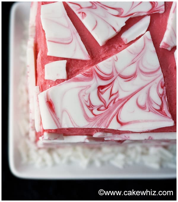 Closeup Shot of White Chocolate Bark on Top of Pink Frosting