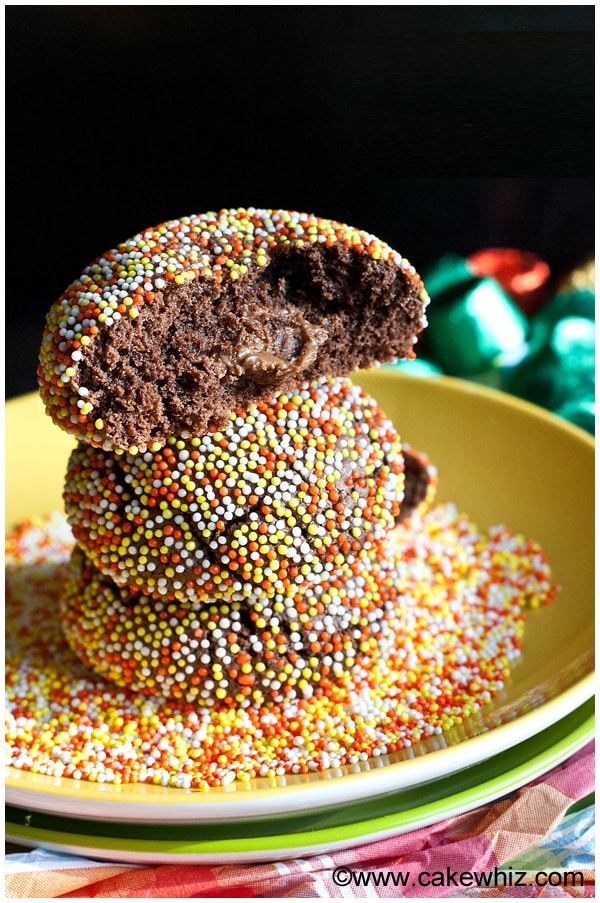 Stack of Stuffed Chocolate Cookies on Yellow Plate