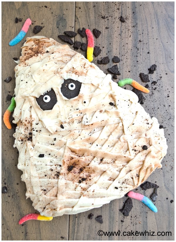 Easy Mummy Cake on Rustic Background- Overhead Shot