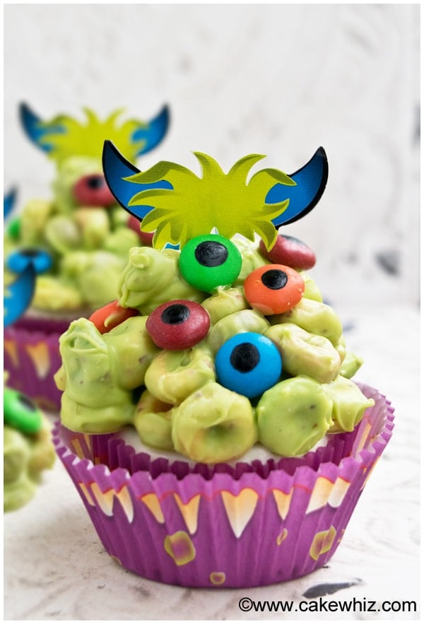 Easy Monster Cupcakes os Rustic Background- Closeup Shot