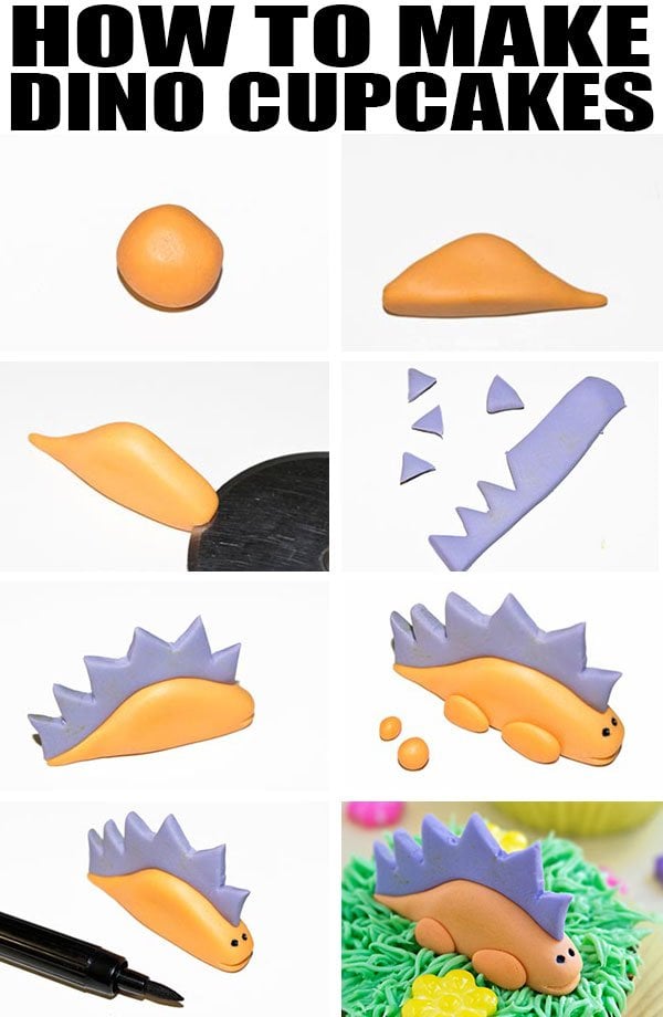 Collage Image with Step By Step Pictures on How to Make Dino Cupcakes 