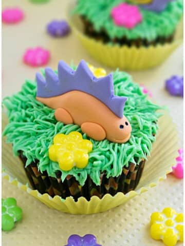 Easy Dinosaur Cupcakes on Yellow Background