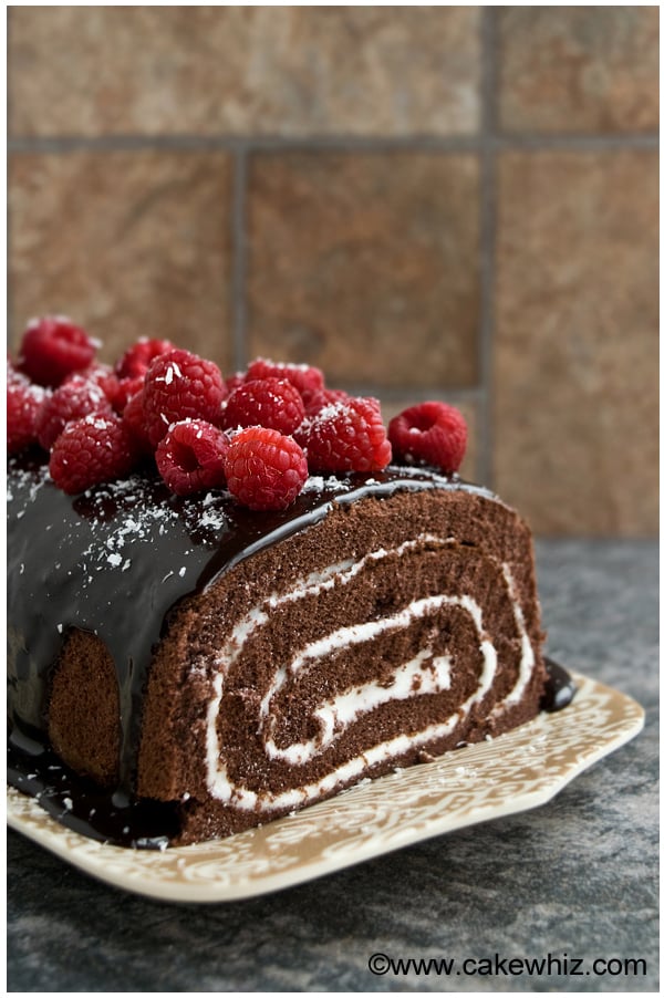 Chocolate Cake Roll with Chocolate Ganache and Raspberries on Brown Tray 