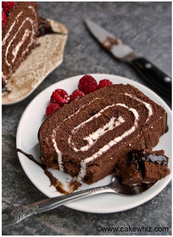 Slice of Chocolate Roll Cake in White Plate with Spoonful Removed