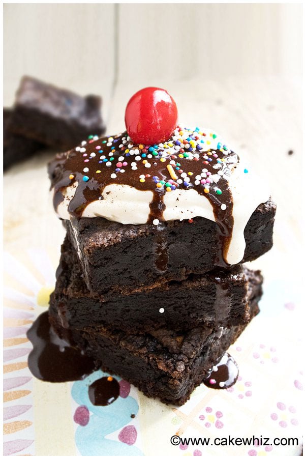 Stack of Easy Fudgy Eggless Brownies on Colorful Background
