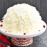 Easy Old Fashioned Chocolate Snowball Cake With Cake Mix Box on White and Red Cake Stand.