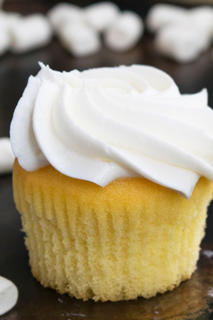 Best Soft and Fluffy Vanilla Cupcakes with White Frosting- Closeup Shot