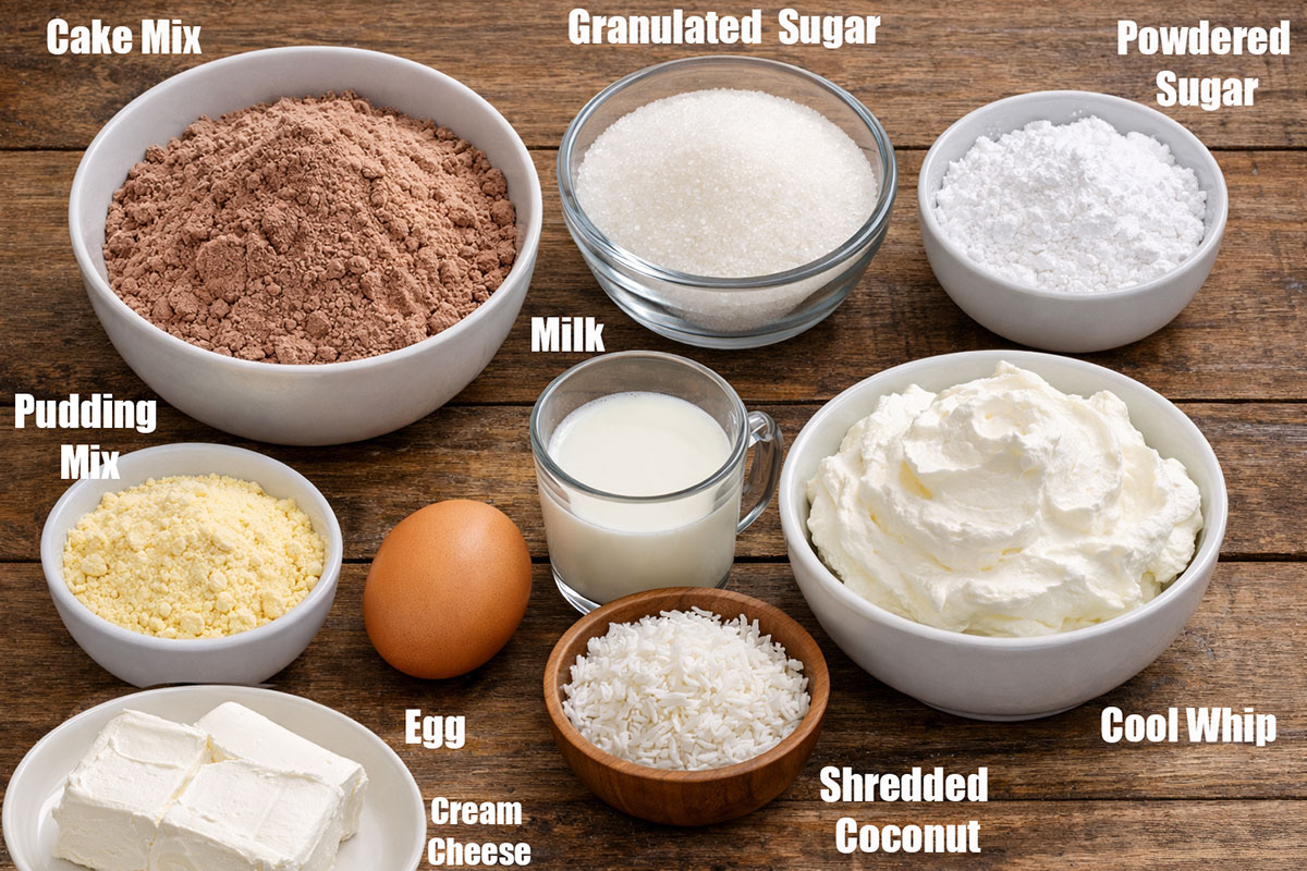 Separate ingredients for recipe on wood background. 