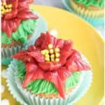 Easy Poinsettia Cupcakes With Buttercream Icing on Yellow Plate