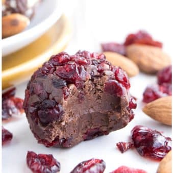 Easy Homemade Chocolate Truffles Covered in Cranberries- Partially Eaten.