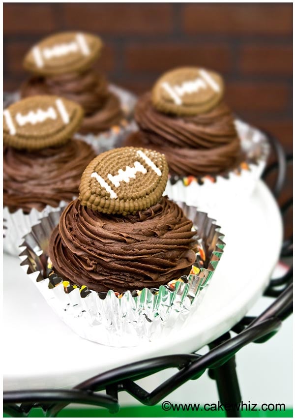 Chocolate Cupcakes with Chocolate Frosting, Decorated With Football Toppers