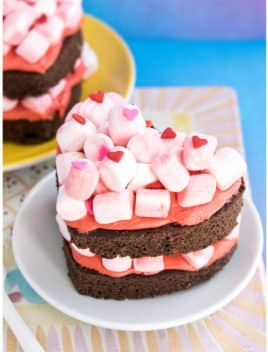 Easy Homemade Chocolate Marshmallow Cake (Heart Cake) on White Plate With Colorful Background
