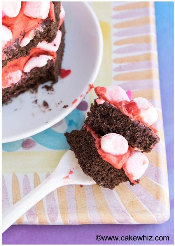 Spoonful of Chocolate Cake With Strawberry Frosting and Mini Marshmallows- Closeup Shot