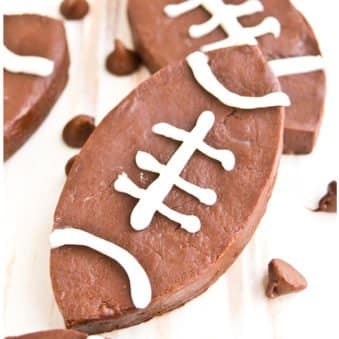 Easy Spicy Chocolate Fudge Footballs on Brown Marble Background.