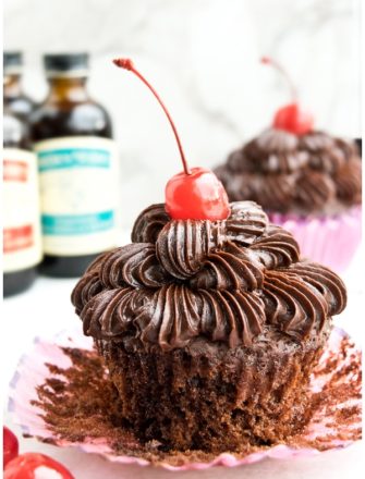 Easy Chocolate Cherry Cupcakes With Chocolate Frosting on Peeled Wrapper