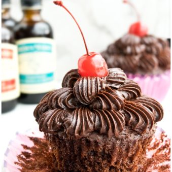 Easy Chocolate Cherry Cupcakes With Chocolate Frosting on Peeled Wrapper