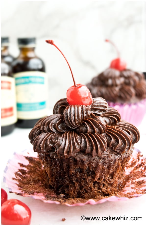 Easy Maraschino Cherry Cupcakes With Chocolate Frosting on Peeled Wrapper