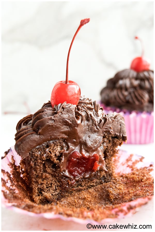 Sliced Chocolate Cherry Cupcakes With Truffle Filling