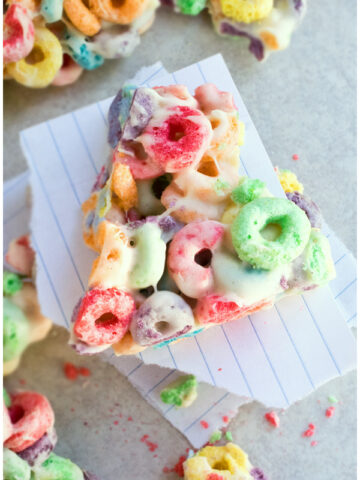 Easy Cereal Bars With Froot Loops on Sheet of Paper- Overhead Shot