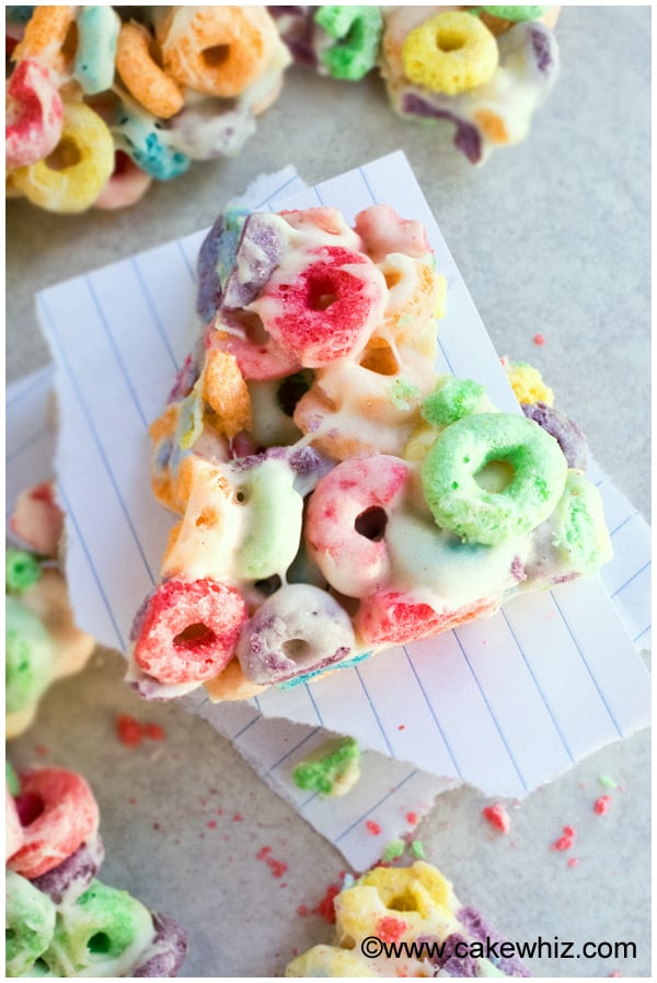 Easy Cereal Bars With Froot Loops on Sheet of Paper- Overhead Shot
