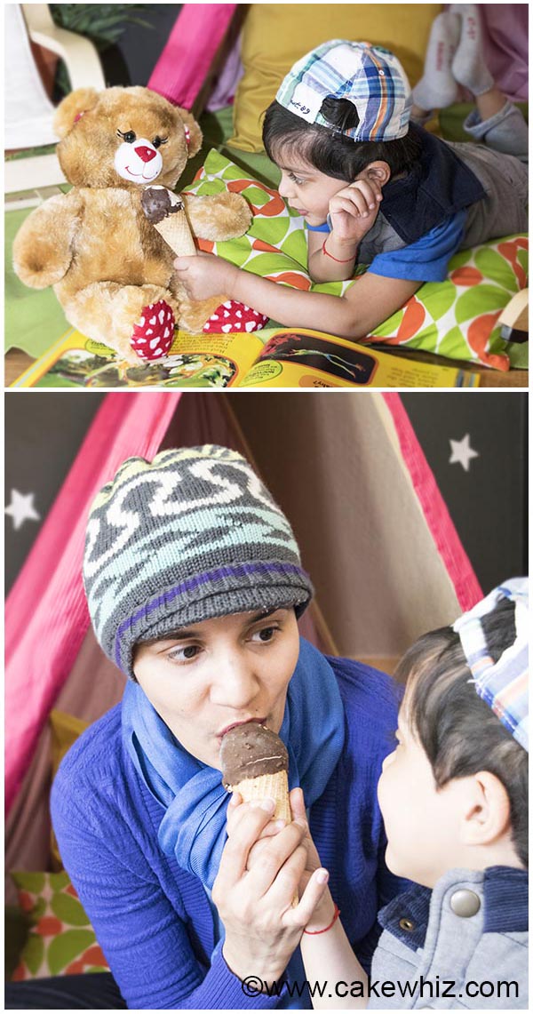 Kid Sharing Ice Cream with Mom and His Teddy Bear