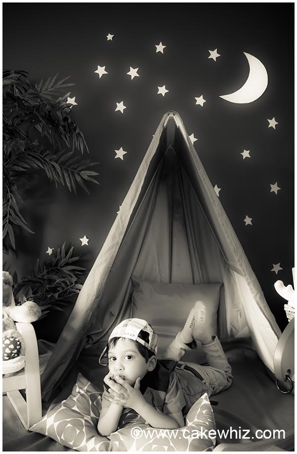 Black and White Image of DIY Camping Party at Home