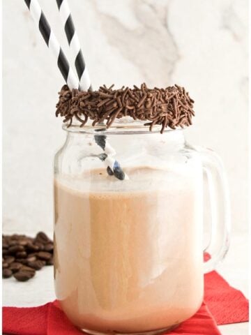 Easy Homemade Coffee Smoothie (Mocha Smoothie) in Glass Cup With Marble Background