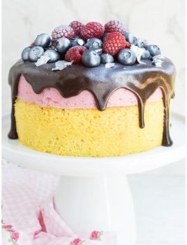 Easy Homemade Chocolate Raspberry Mousse Cake on White Cake Stand