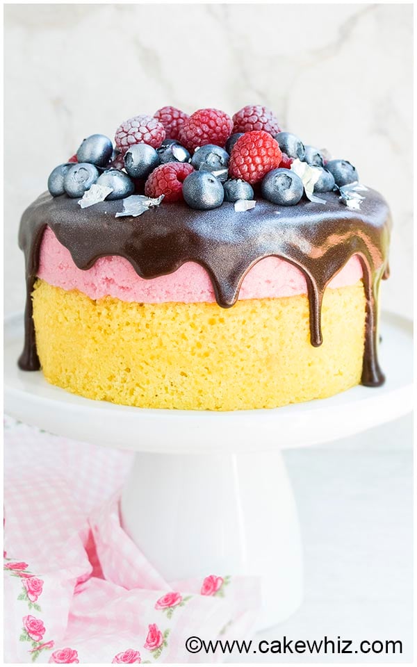 Raspberry Mousse Cake on White Cake Stand