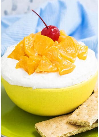 Easy Peaches and Cream Dip in Yellow Bowl.