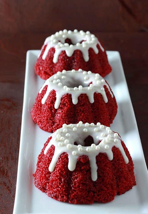 mini red velvet bundt cakes with cream cheese glaze