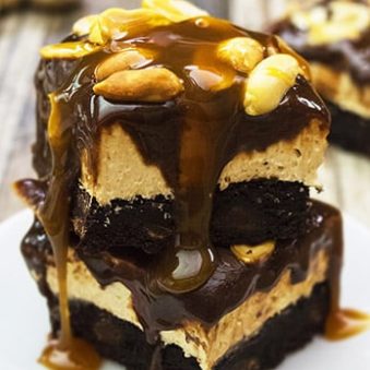 Easy Chocolate Peanut Butter Cheesecake Bars on White Dish