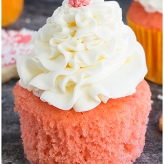 Easy Pink Champagne Cupcakes With Champagne Buttercream Frosting on Rustic Gray Background