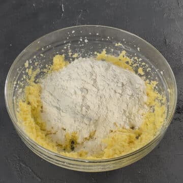 Dry mixture added to wet mixture in glass bowl. 