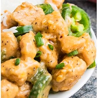 Easy Creamy Jalapeno Chicken on White Dish.