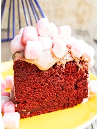 Slice of Easy Homemade Red Velvet Cake on Yellow Plate