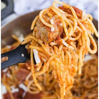 Spoonful of Easy Spaghetti and Meatballs- Closeup Shot.